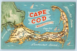 c1960 Cape Cod Massachusetts Postcard Town Nantucket Sound Atlantic Ocean Map