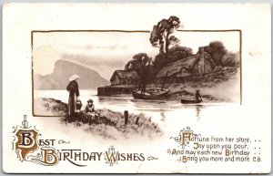 Best Birthday Wishes, 1914 Greetings Card, Fishing Boat in River, Postcard