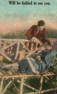 Vintage Postcard 1910's To Be Tickled To See You Slept On Waiting Lovers Romance