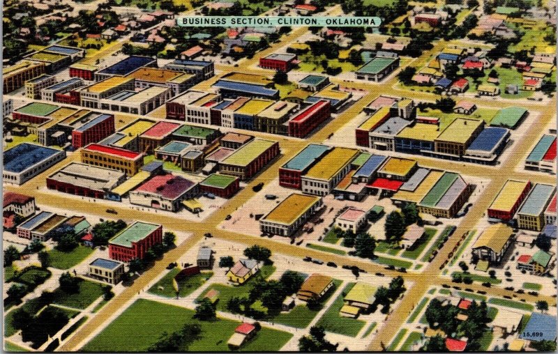 Vtg Clinton Oklahoma OK Business Section Aerial View 1940s Linen View Postcard