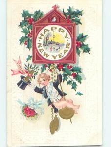 Pre-Linen new year BOY IN TUXEDO AND TOP HAT RIDES CLOCK PENDULUM HQ8159