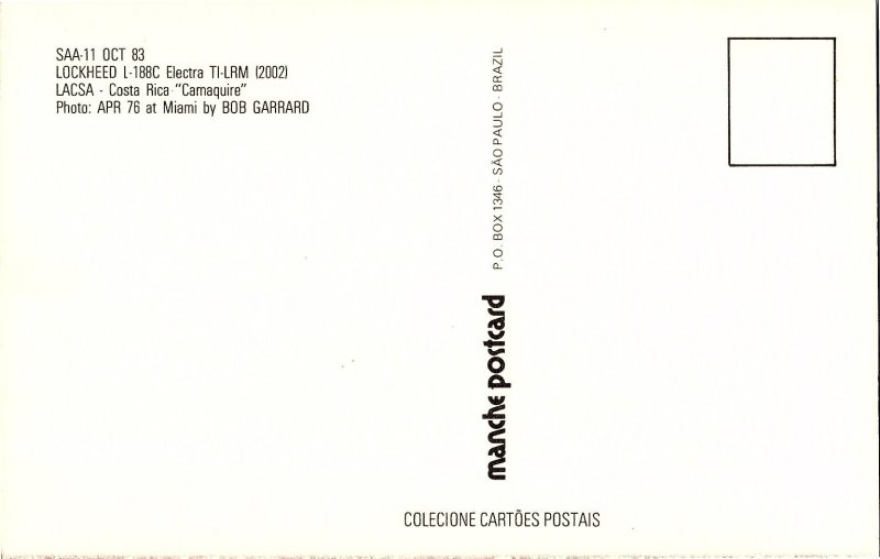LACSA Costa Rica Lockheed L-188C Electra Cargo Plane 1976 Postcard