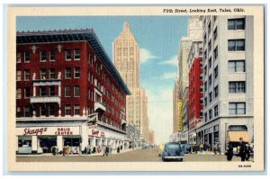 c1930's Fifth Street Looking East Tulsa OK, Skaggs Drug Center Cars Postcard