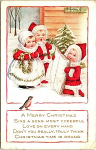 Merry Christmas poem, plump, round faced children in Santa suits caroling, snow 