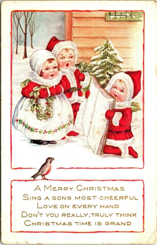 Merry Christmas poem, plump, round faced children in Santa suits caroling, snow