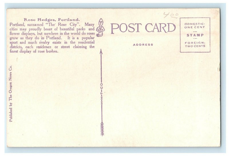 c1920s Rose Hedges, Portland, Oregon OR Unposted Vintage Postcard 