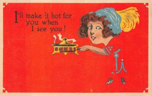 WOMAN COOKING COMIC FADE AWAY POSTCARD (c. 1910)