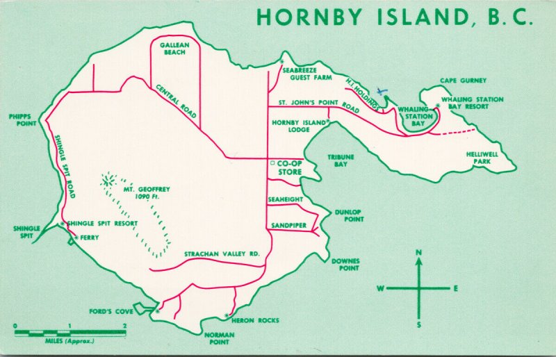 Map of Hornby Island BC Vancouver Island Green Unused Postcard G46