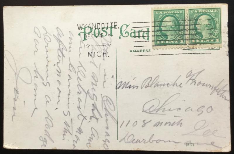 Postcard Used w/2 One cent GW bklt stamps Elks Temple Detroit MI LB