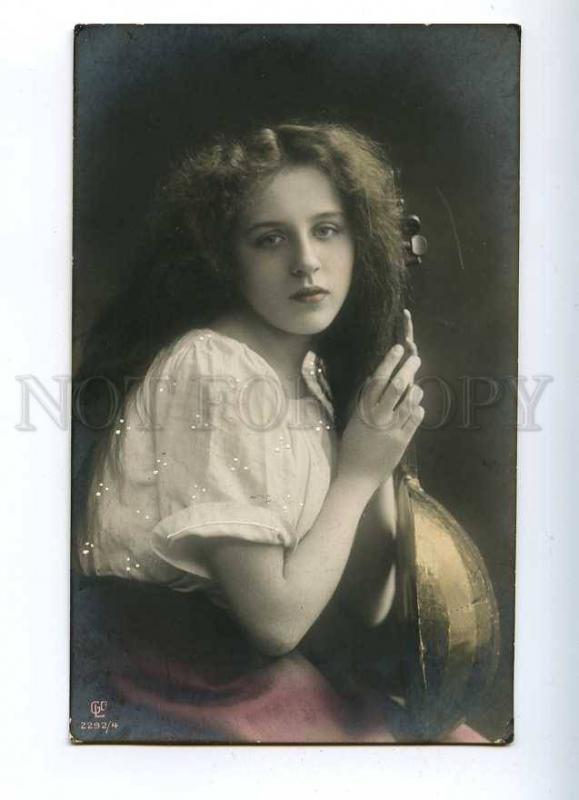 187045 Woman LONG HAIR w/ MANDOLIN Vintage PHOTO PC