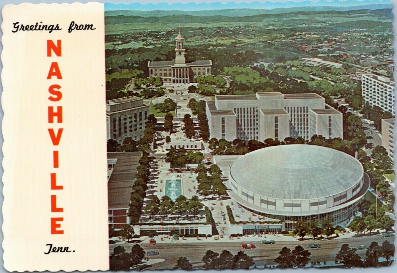 postcard Greetings from Nashville - aerial Capitol, Auditorium