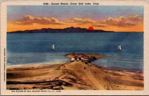 Sunset Beach Great Salt Lake Utah Linen Postcard C037