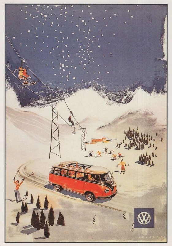 Bus Coach on Ski Slopes German Volkswagen Car Advertising Postcard