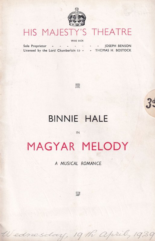 Magyar Melody 1939 WW2 Binnie Hale His Majestys Theatre Programme