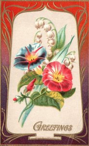 Vintage Postcard Greetings Bunch Flowers Calligraphic Border Embossed Souvenir