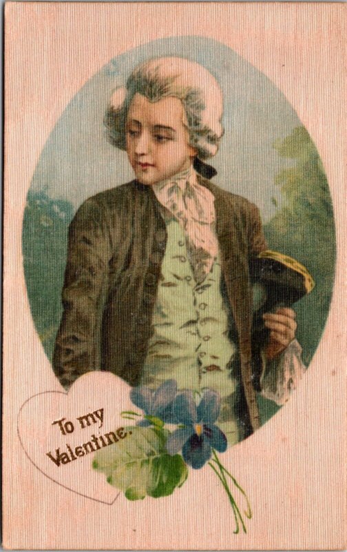 Silk Valentine's Day PC Well Dressed Victorian Boy Man Forget me Not Flowers