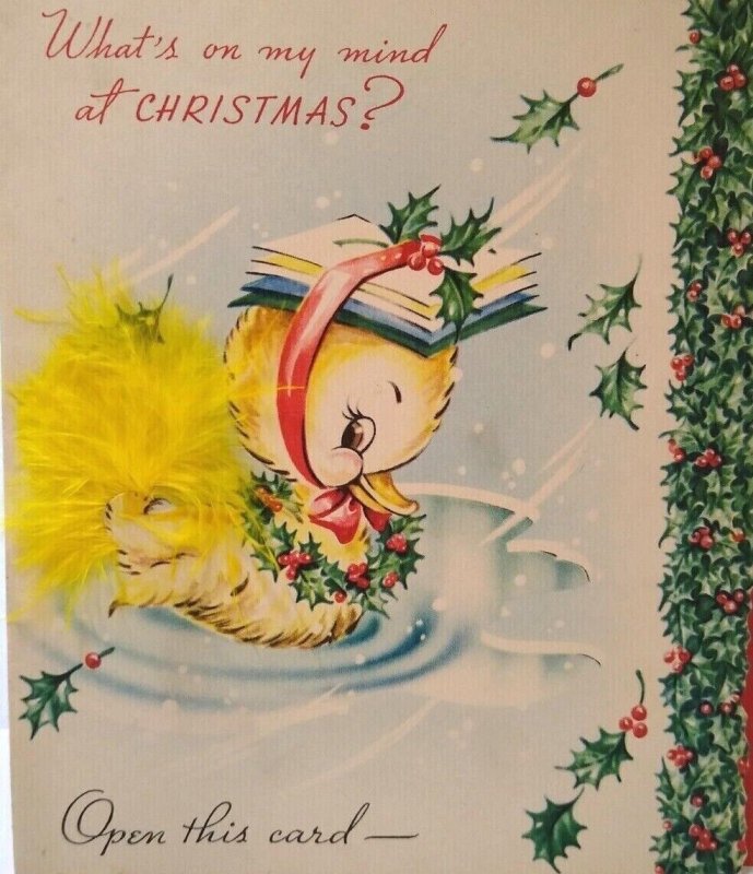 Christmas Greeting Card Baby Ducks Swim Fake Feathers Attached Foldout Vintage  