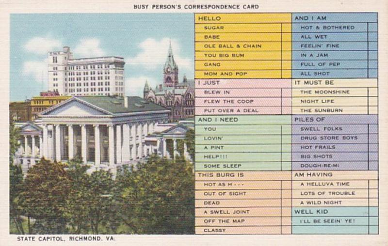 Humour Busy Persons Correspondence Card State Capitol Richmond Virginia