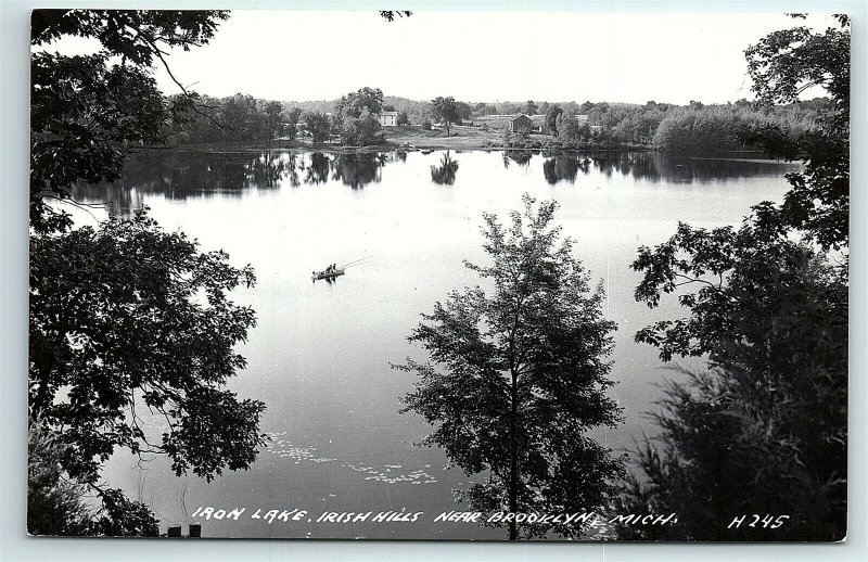 VTG Postcard RPPC Real Photo Irish Hills MI Iron Lake Fishing Arial View A5