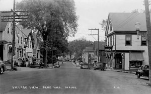 Blue Hill ME Village View Store Fronts old Cars Coca-Cola Sign, RPPC