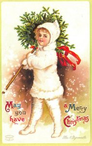 A Merry Christmas Young Girl in Fur With Tree Ellen Clapsaddle Postcard