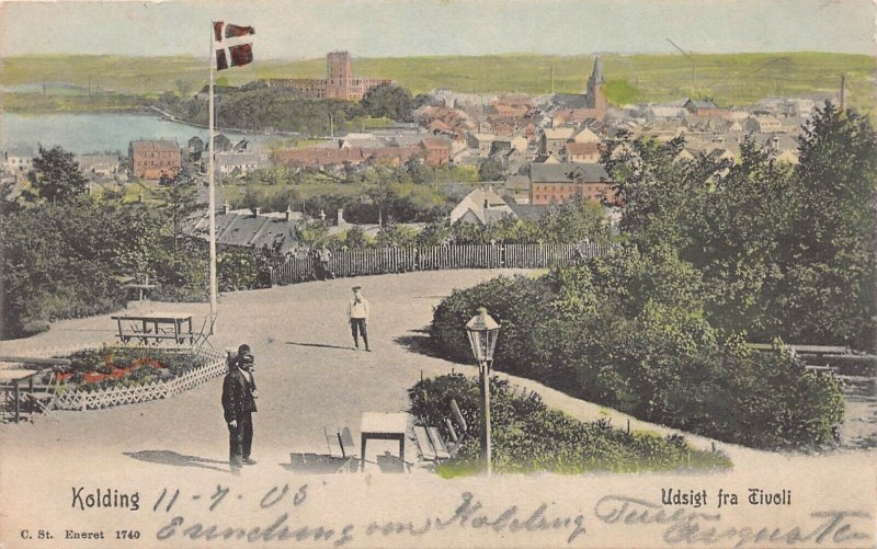 View from Tivoli, Kolding, Denmark, Early Hand Colored Postcard, Used in 1905