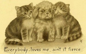 Postcard Antique View of Puppy between two Kittens, Everybody loves    Q5