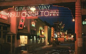 Vintage Postcard Dramatic Colorful Night of Street Chinatown Los Angeles Calif.