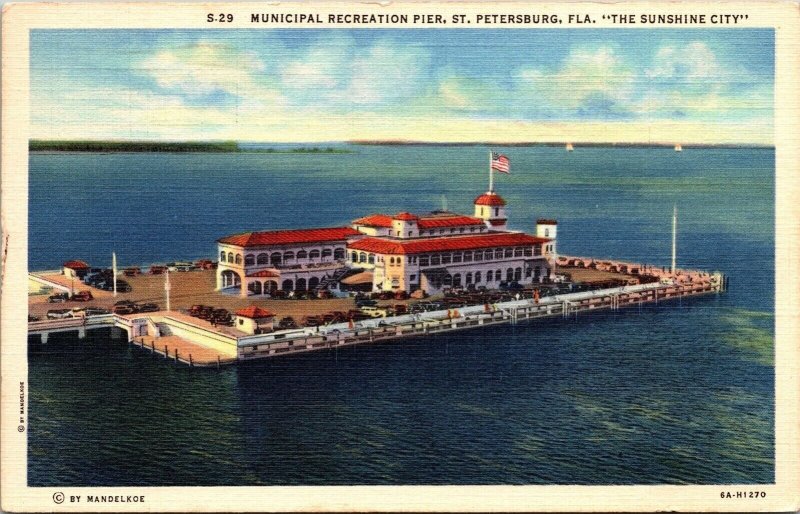 Municipal Recreation Pier St Petersburg Florida Aerial Linen Cancel WOB Postcard 