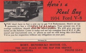 Postcard Here's A Real Buy 1934 Ford V-8 Car Robt Hendricks Co Spencer OK