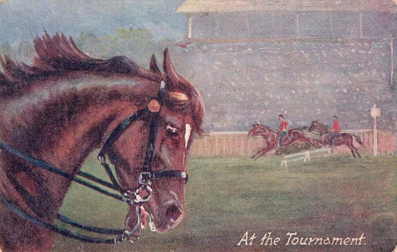 Early postcard horse horses tournament jockeys Raphael Tuck chargers series