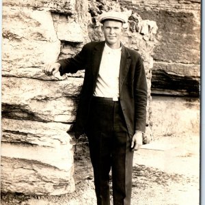 1920s Dapper Young Man RPPC Outdoor Nature Photography Real Photo Hat Smirk A160