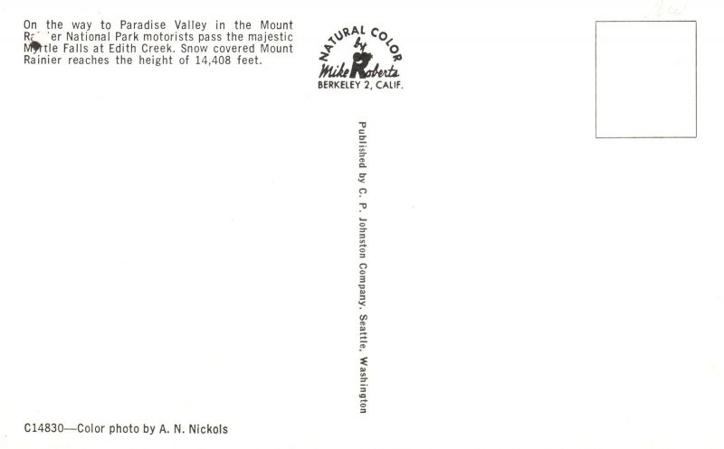 Vintage Postcard Paradise Valley Mount Rainier National Park Myrtle Falls Wash.