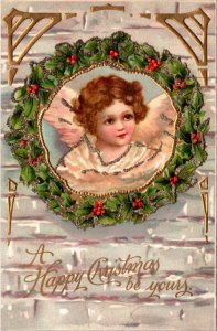 Glitter Postcard A Happy Christmas be Yours Angel Inside of Holly Wreath