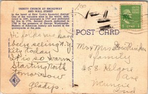 Trinity Church Broadway Wall St New York City NYC NY Linen Postcard PM Cancel 