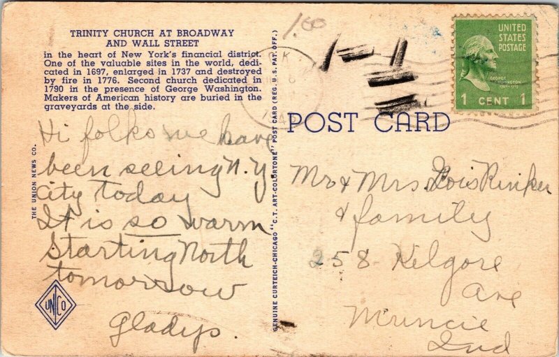 Trinity Church Broadway Wall St New York City NYC NY Linen Postcard PM Cancel 