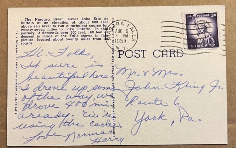 VINT 1958 USED LINEN POSTCARD - NIAGARA FALLS FROM PROSPECT POINT, N.Y.