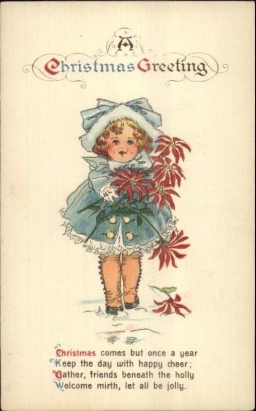 Christmas Poem - Little Girl w/ Poinsettia Flowers c1910 Postcard