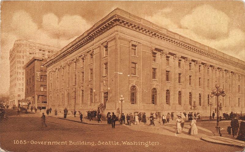 Seattle Washington~Government Building~People on Sidewalk & Crossing Street~1910