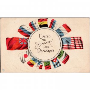 Original WWI Era Postcard - Flags of Allys - United for Humanity & Democracy