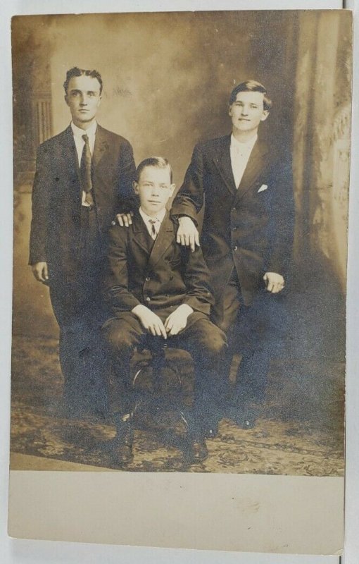 Portrait Photo Three Young Gentlemen One Strange Hair c1910 Postcard Q8