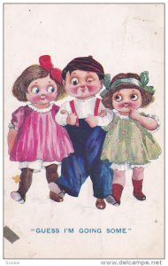 Guess I'm going some, Boy escorting two cute girls, winking, PU-1913