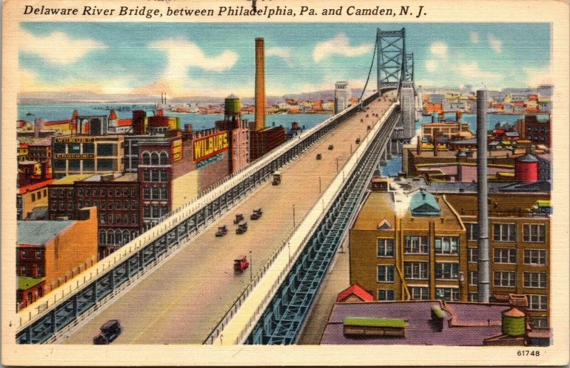 Delaware River Bridge Linen Connecting Philadelphia and Camden NJ PC POSTCARD