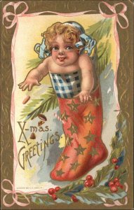Christmas Fantasy Little Girl in Christmas Stocking c1910 Vintage Postcard