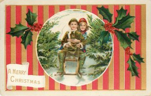 Embossed Postcard Children On Sled Merry Christmas Red & Gold Stripe Wallpaper