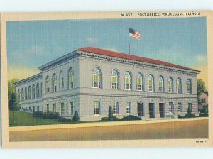 Linen POST OFFICE SCENE Waukegan - Near Chicago Illinois IL AF1023@