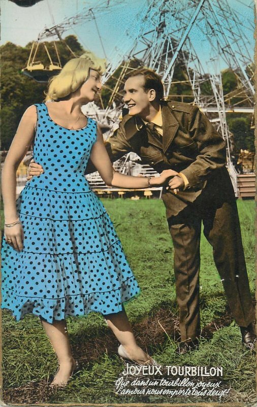 Postcard Romantic couple lover costume joy glam smile coiffure amusement park