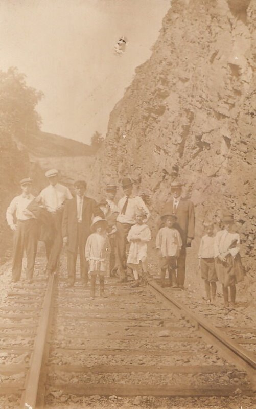 RPPC Postcard People Standing on Train Railroad Tracks