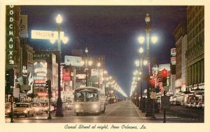 Autos Bus Canal Street New Orleans Louisiana 1950s Night Neon postcard 11405