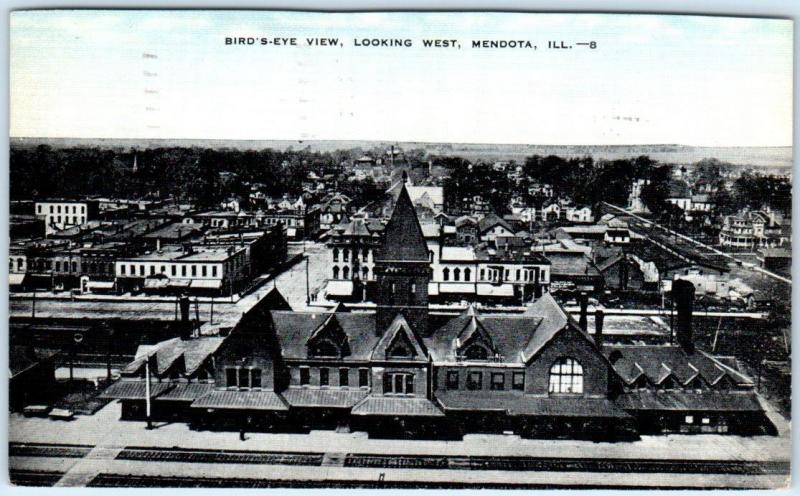 MENDOTA, Illinois  IL   Bird's Eye  RAILROAD DEPOT Train Station 1949   Postcard 